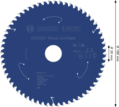 BoschEXPERT Wood 無線圓鋸片，190 mm T60。.