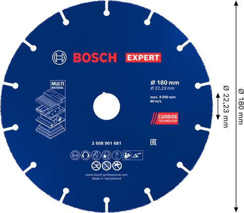 超耐久鎢鋼多功能切片切削砂輪片 180 mm,22.23 mm Bosch多材質硬質合金切割片 180 mm。