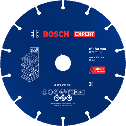 超耐久鎢鋼多功能切片切削砂輪片 180 mm,22.23 mm Bosch多材質硬質合金切割片 180 mm。