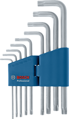 一組九個L型星形扳手，裝在一個藍色的收納盒裡。