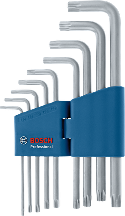 一組九個L型星形扳手，裝在一個藍色的收納盒裡。