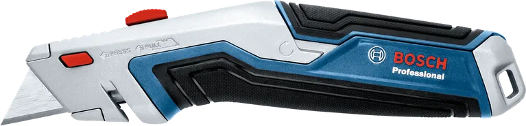 一把帶有可伸縮刀片的美工刀放置在白色背景上。