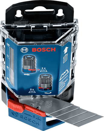 金屬美工刀片整齊地堆放在藍黑色的刀片盒中，並附有切割說明。