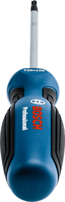 藍黑相間的螺絲刀，手柄柔軟，刀尖朝上。