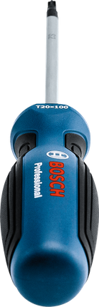 藍黑相間的螺絲刀，手柄柔軟，刀尖朝上。