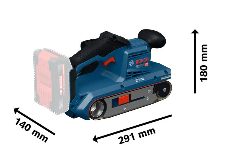 BoschGBS18V-75 型帶式砂光機，長度為 291 毫米。
