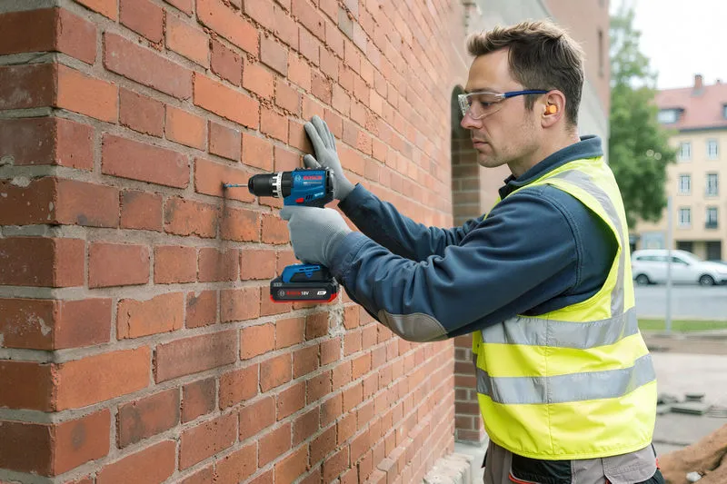 一名穿戴安全裝備的人員使用無線衝擊鑽在磚牆上鑽孔。