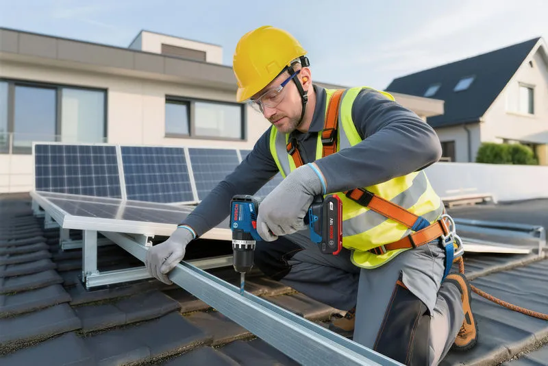 一名穿戴安全裝備的人員使用無線衝擊鑽安裝太陽能板框架。