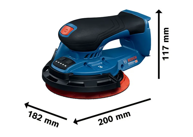 Bosch 18V-150-3 無線隨機軌道砂光機，尺寸規格。