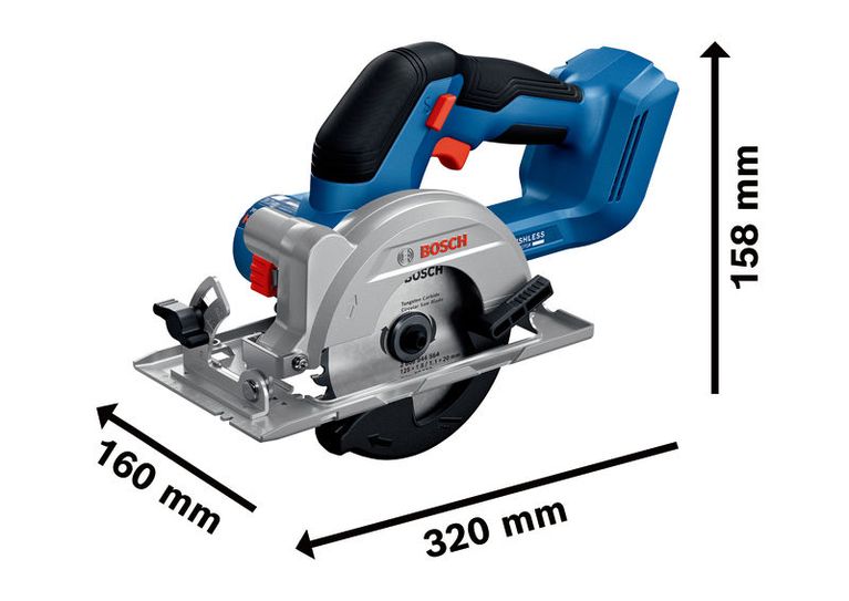 Bosch 18V-44 無線圓鋸，附尺寸說明。