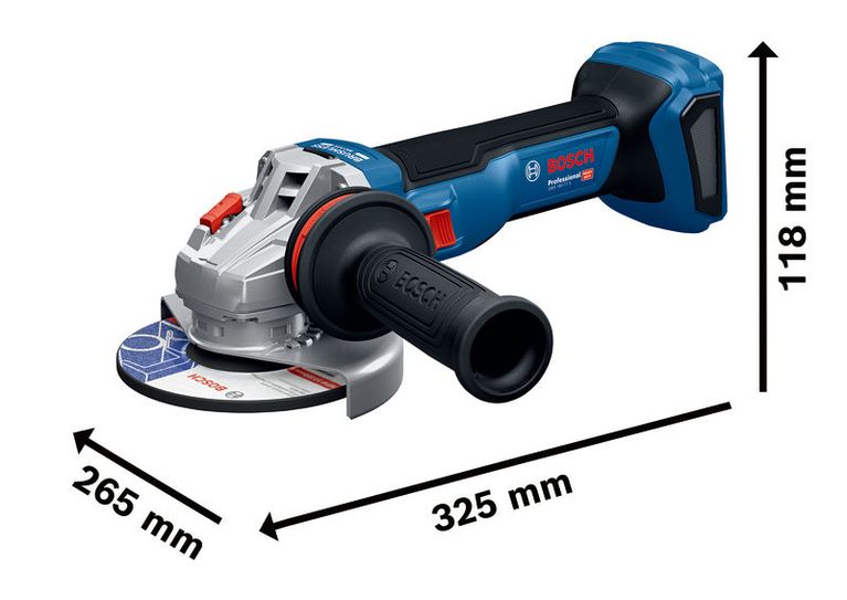 BoschGWS 18V-11 S 無線角磨機，尺寸規格。