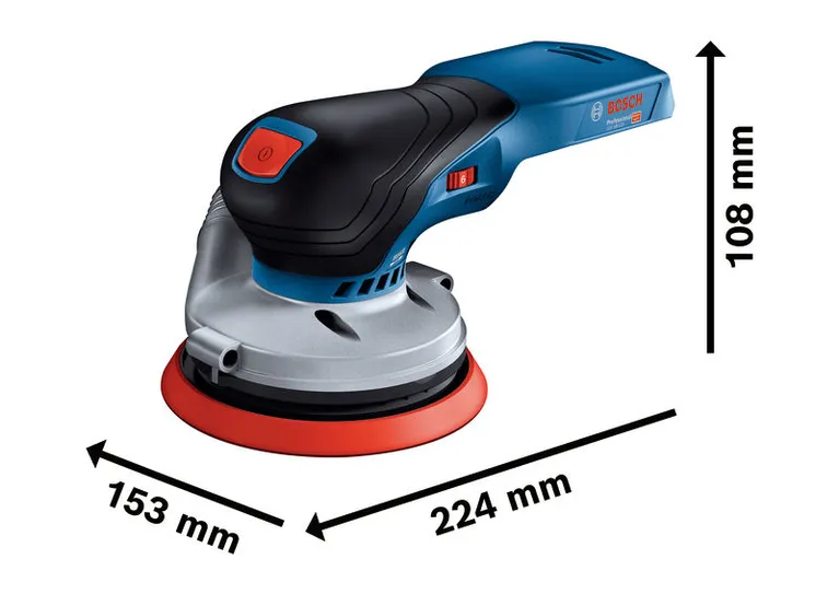 Bosch 18V-125 無線隨機軌道砂光機，尺寸規格。