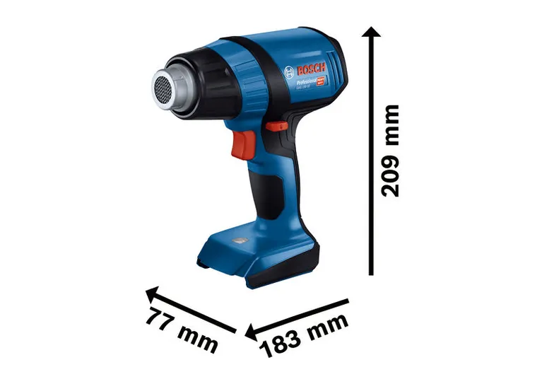 Bosch 18V-50 無線熱風槍尺寸圖。