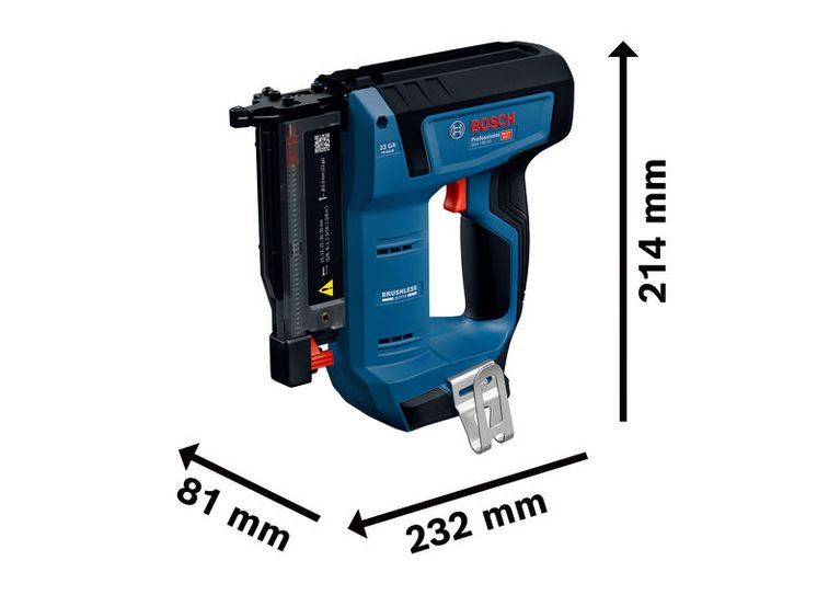 Bosch 18V-35 無線釘槍，尺寸規格。