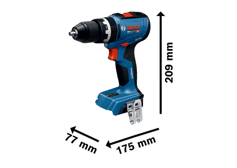 圖中所示為BoschGSB 18V-65 無線衝擊鑽的尺寸。