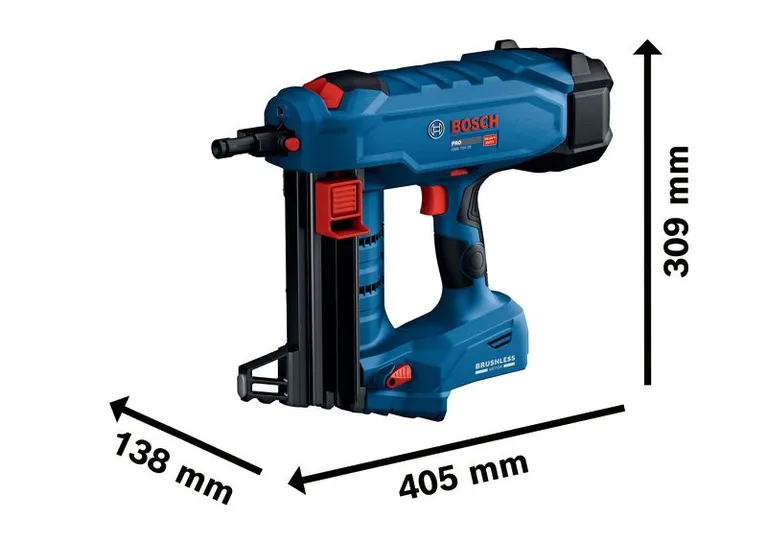 Bosch 18V-38 無線混凝土釘槍，尺寸規格。