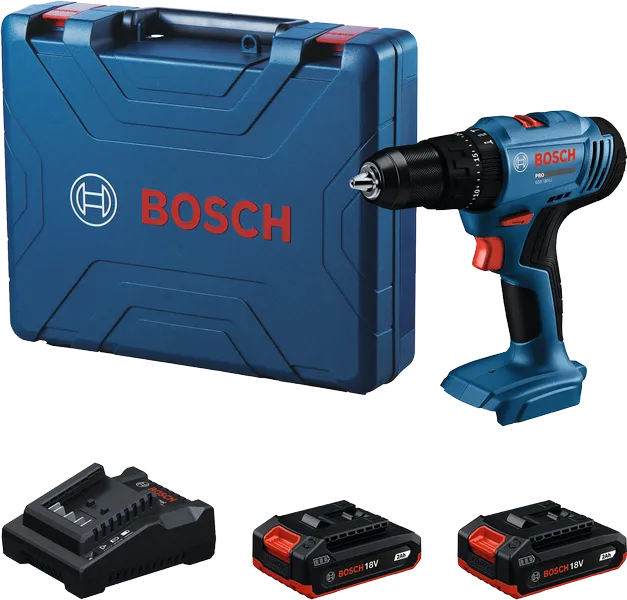 Bosch 18V-45 無線電鑽套裝，含電池和充電器。