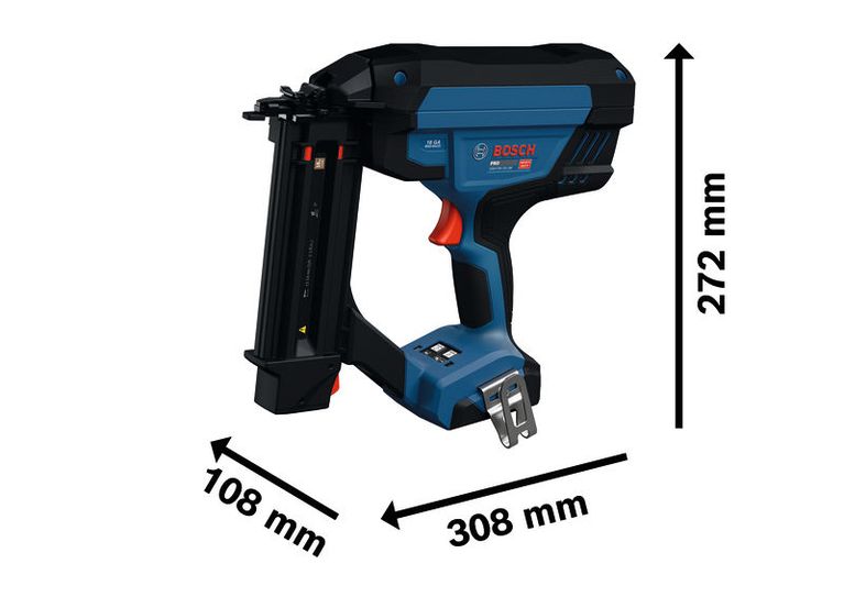 BoschGNH18V-50-2M 無線釘槍，尺寸規格。