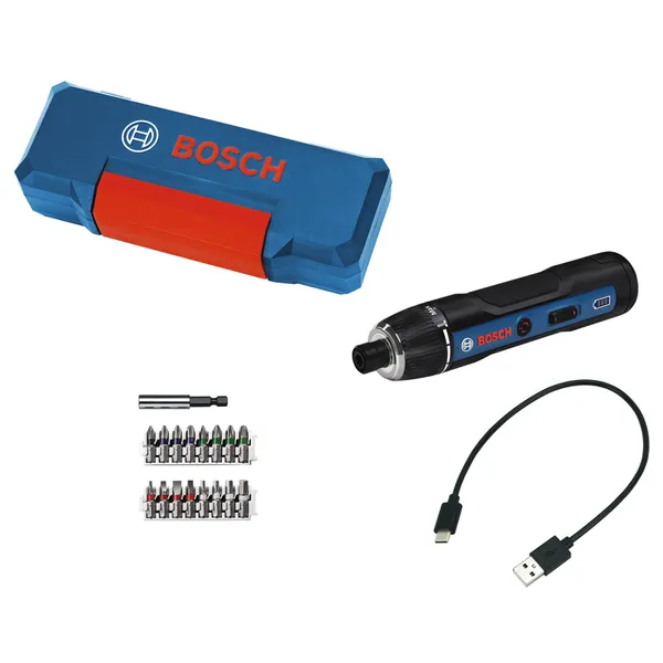 BoschGO 無線螺絲起子套裝，含 USB 線和批頭。