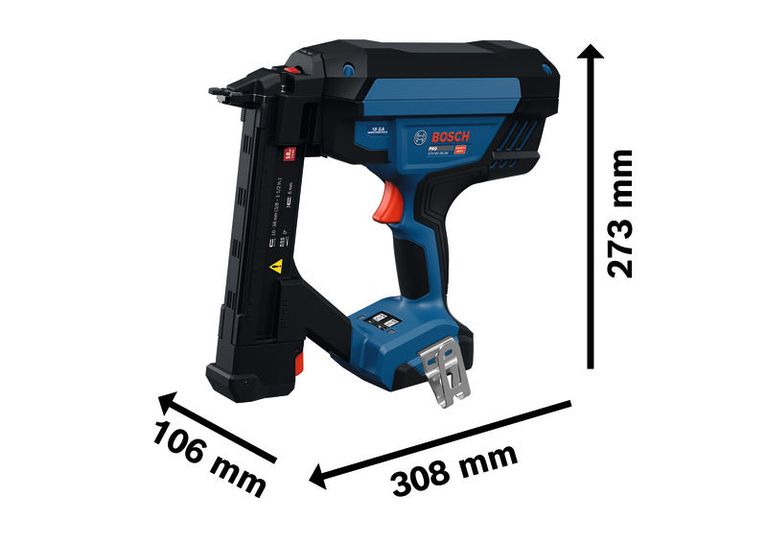 Bosch -38-2M 無線窄冠釘槍，尺寸規格。