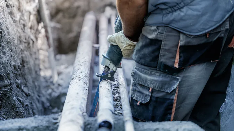 一名穿戴安全裝備的人員使用往復鋸切割管道。