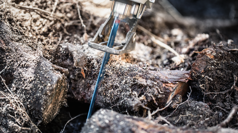 戶外用往復鋸切割粗壯的樹枝。