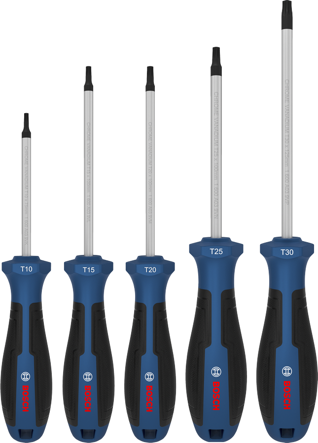 Bosch螺絲起子組 5 件，鉻釩鋼桿。