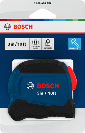 Bosch公尺/10 呎捲尺，附自動鎖定功能。