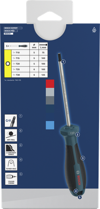 Bosch螺絲起子套裝，採用鉻釩鋼軸和顏色編碼。