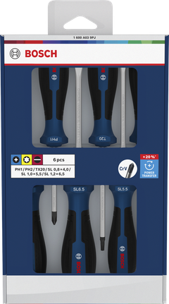 Bosch螺絲起子組 PH/TX/SL 6 件組，鉻釩鋼刀桿。