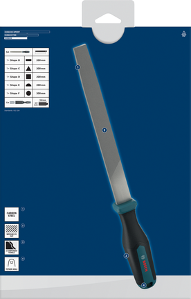 Bosch銼刀套裝，帶有多組件手柄和繫繩孔。