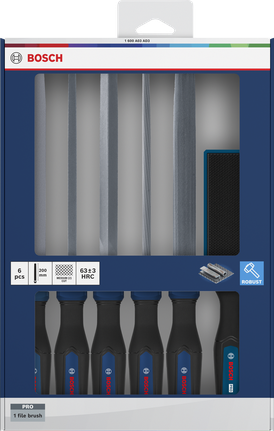 Bosch銼刀套裝 5 件，含專業銼刀刷和符合人體工學的手柄。