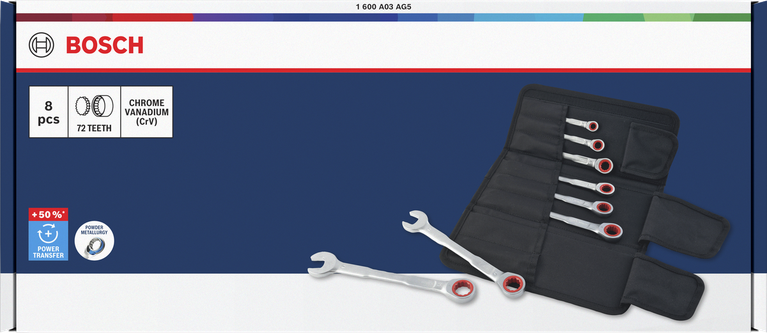 Bosch棘輪組合扳手套裝 8-19 毫米 8 件套，扭力增加 50%。