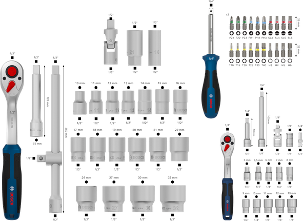 Bosch /4" + 1/2" 棘輪扳手組 80 件，含套筒及批頭。