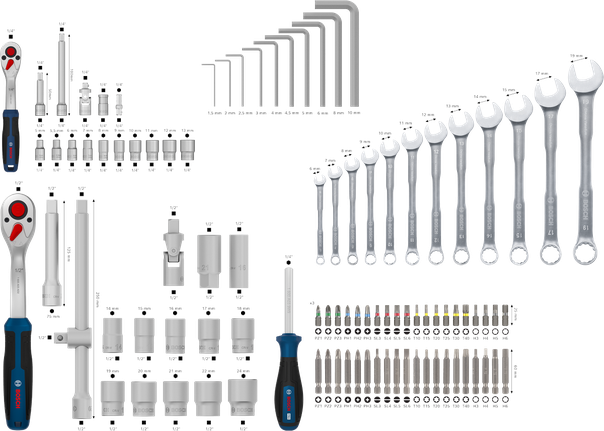 Bosch手動工具混合套裝 134 件，含扳手和批頭。
