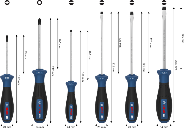 Bosch PZ/SL 螺絲起子組 6 件，附 S2 軸與多組分手把。