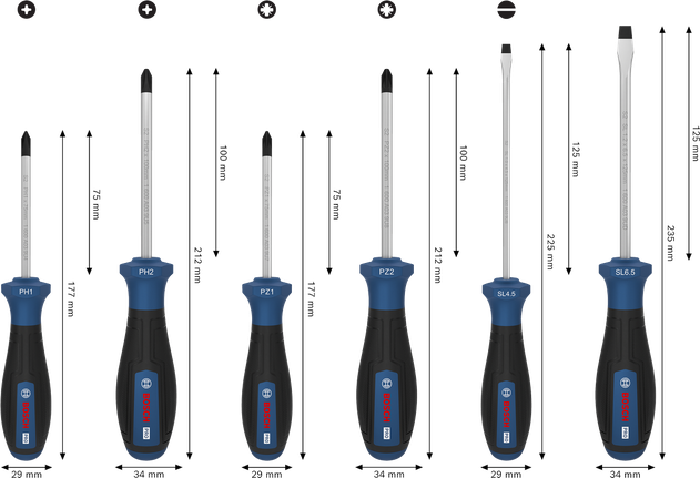 Bosch螺絲起子套裝 PH/PZ/SL 6 件套，搭配 S2 軸和符合人體工學的手柄。