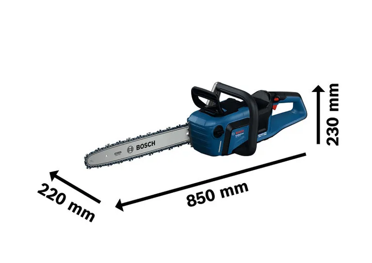 Bosch 18V-40 無線鏈鋸及其尺寸。